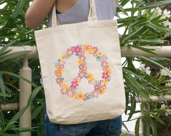 Peace Sign Bag, Love and Peace, Flower Hippie, Floral Peace Sign, Wildflower Bag, Gift for her, Botanical Gift, Retro Tote Bag