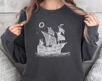 Camisa de barco vintage, camisa de barco pirata, velero, arte garabateado, regalo de arte lineal, camisa náutica, regalo de vela, regalo de barco, camiseta de mar