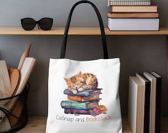 Cat Book Tote, Cat Tote Bag, Book Tote Bag, Book Lover Gift, Cat Mom Gift, Book Tote, Cat Lover Gift, Cute Tote Bag, Cat Shoulder Bag
