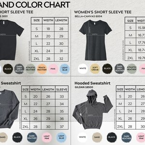 May include: Size chart for unisex short sleeve tee, women's short sleeve tee, crewneck sweatshirt, and hooded sweatshirt. The chart shows measurements in inches for width, length, and sleeve length for sizes S, M, L, XL, and 2XL.