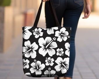 Black Hibiscus Tote Bag, Flower Tote Bag, Floral Tote Bag, Black Tote Bag, Wildflower Tote Bag, Spring Tote Bag, Summer Tote Bag