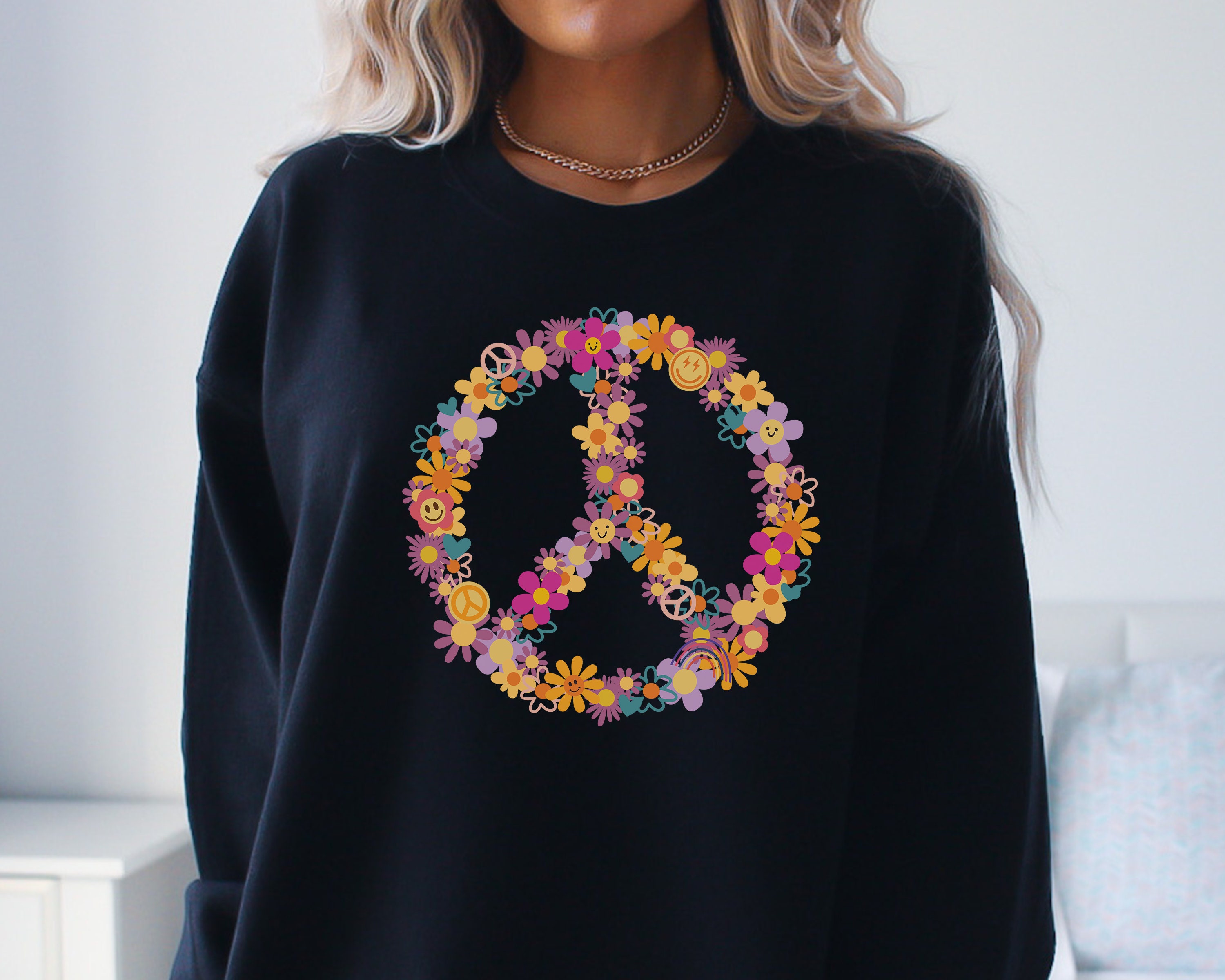 Peace Sign in White Flower Sweatshirt