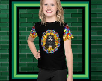 Stained glass Jesus in a crown of thorns Kids crew neck t-shirt