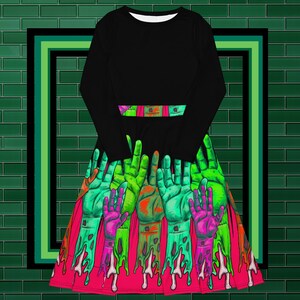 Pop art inspired zombie hands All-over print long sleeve midi dress