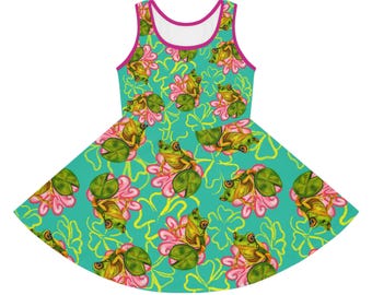 Whimsical Frogs Sleeveless Sundress, Summer Dress, Girls' Dress, Floral Sundress, Birthday Gift, Playful Summer Outfit