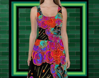 Skater Dress Teal sugar skulls and pink flowers