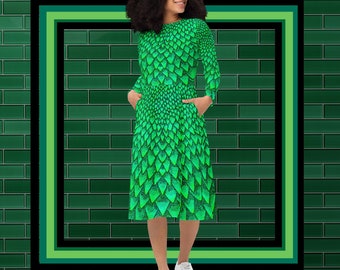 green dragon print dress Green Dragon Scalesall-over Print Long Sleeve Midi Dress With Pockets, Dragon  Print Dress