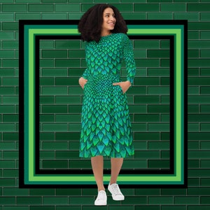 Teal Dragon Scales long sleeve midi dress