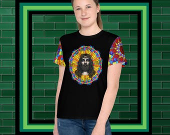 Stained glass Jesus in a crown of thorns Youth crew neck t-shirt