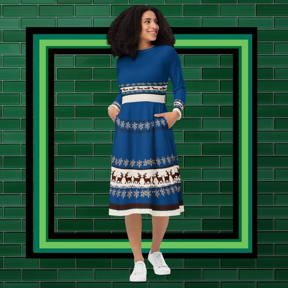 Christmas Inspired Blue Reindeer All-over Print Long Sleeve Midi Dress -  Etsy
