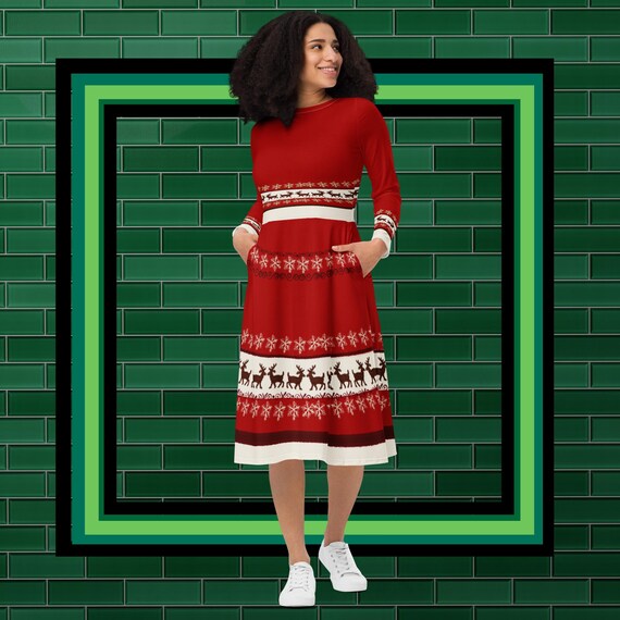 Christmas Inspired Red Reindeer All-Over Print Long Sleeve Midi Dress