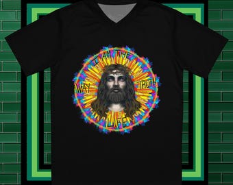 Stained glass Jesus in a crown of thorns Recycled unisex sports jersey