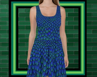 Dunkelblaues Drachenschuppen Skater Dress