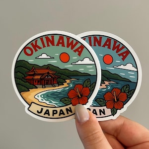 Okinawa Shuri am Strand Aufkleber und Magnet Set, Okinawa Ozean, Hibiskus, Berge, japanisch, Insel Hintergrund, wasserfest