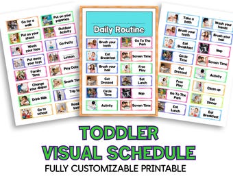 May include: A colorful visual schedule for toddlers with images and text for daily activities. The schedule includes activities like "Go for a walk", "Put on your pajamas", "Wash your hands", "Eat breakfast", "Play date", "Free play", "Screen time", "Eat lunch", "Clean up", "Eat dinner", and "Go to the park".