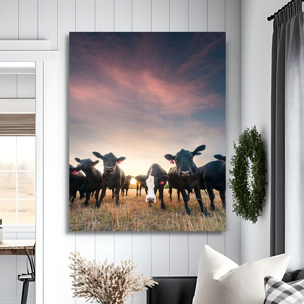 Curious Cows on a Country Farm, Cow Canvas Print Wall Decor, Cow Wall Art, Country Cows, Farmhouse Decor, Cow Decor