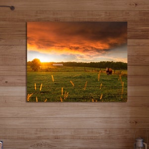 Braune Kuh unter feurigem orange Sonnenuntergang, Leinwand Druck Wand-Dekor, Kuh Wand Kunst, Land Kühe, Kuh Wand Dekor, Bauernhaus Dekor, Kuh Dekor