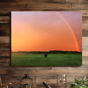 Cow in Green Grass under a Fiery Sky and Rainbow, Cow Canvas Print Wall Decor, Cow Wall Art, Cow Wall Decor, Farmhouse Decor, Cow Decor