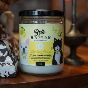 Kitchen Lemon: Pet Odor Eliminator Candle (13oz), Soy Blend Scented Candle, Soft Woody Lemon Scent, Pet Lovers Candle, Handcrafted Candle