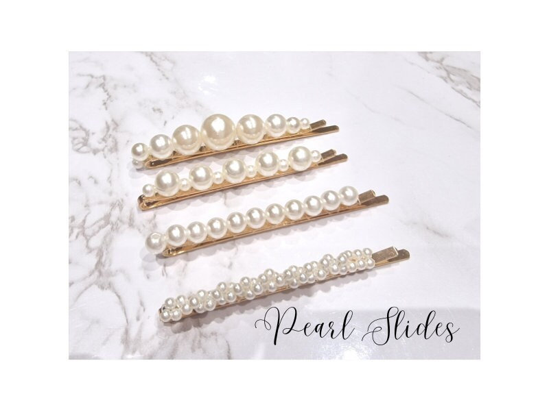 Set of 2 Embellished Pearl Gold Hair Clips Slides Pins Barrettes