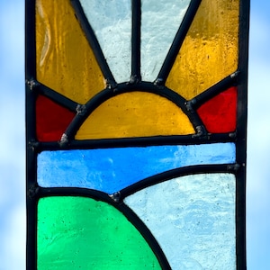 Stained Glass Leaded Panel Sun Catcher on Oak Stand - multi coloured glass.