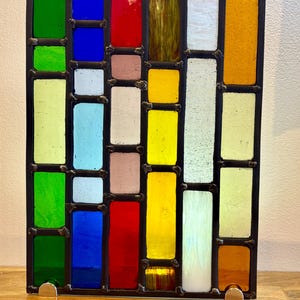 Stained Glass Leaded Panel Sun Catcher on Oak Stand - multi coloured glass.