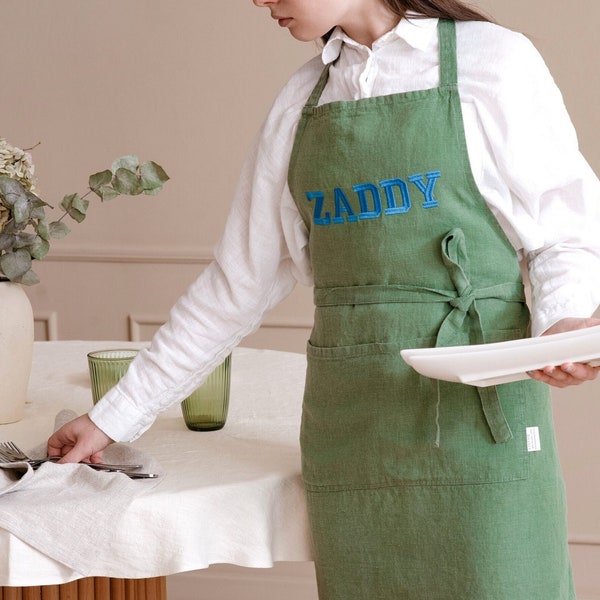 Personalized linen apron with pockets. Embroidered apron linen. Customized apron with embroidery linen apron for women and men, chef gift