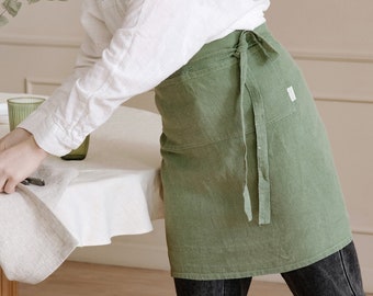 Linen half apron with pockets, half apron for women. Linen wrap apron, cafe apron, kitchen apron women, floral apron, cooking apron