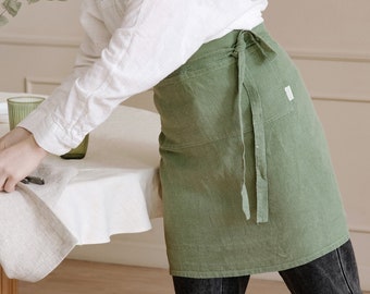 Delantal corto de lino con bolsillos, delantal de cocina lavado a la piedra