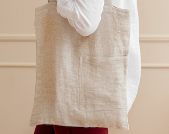 Stylish and Durable Linen Shopping Bag with Pockets - Perfect for Market and Grocery Runs