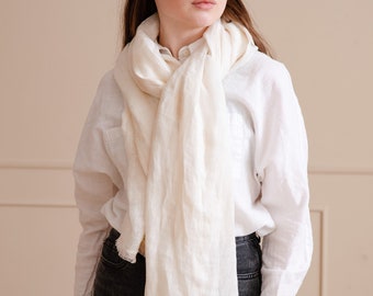 Ivory Linen Scarf - Lightweight, Soft, Breathable | Unisex Stonewashed Linen Scarf for Women and Men | Versatile Accessory for Any Occasion