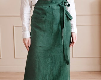 Linen Half Apron for Women and Men - Chef Apron, Kitchen Apron, Cooking Apron. Long half linen apron below the knees.