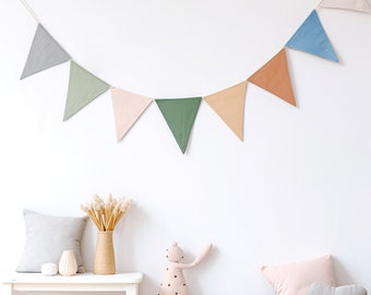 Linen Nursery Bunting Banner - Wall Hanging and Flag Decoration for Baby Room - Linen Nursery Decor and Wall Garland- Fabric Bunting Banner