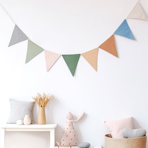 Linen Nursery Bunting Banner Wall Hanging and Flag Decoration for Baby Room Linen Nursery Decor and Wall Garland Fabric Bunting Banner image 1