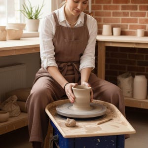 Puede incluir: Una persona trabaja en un torno de alfarero, dando forma a un jarrón de arcilla marrón claro. La persona lleva una camisa blanca y un delantal marrón. El estudio tiene una pared de ladrillo y estantes de madera con cerámica terminada.