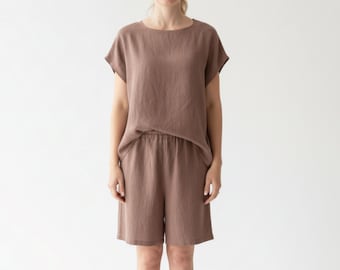 Linen Pajama Set: Short Sleeve Top and Shorts, Women's Loungewear