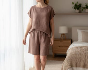 Stonewashed Linen Pajama Set – Women's Top and Shorts Lounge Sleepwear