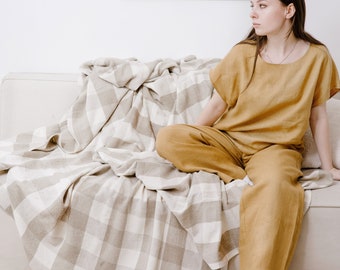 Soft Linen Throw Blanket - Checkered Plaid Pattern for Queen and King Beds