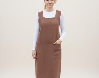 Linen Japanese Cross Back Apron with Pockets - Pinafore Crossback apron - Gift for her