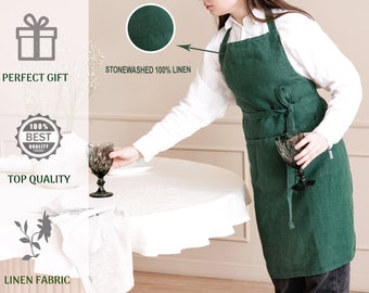 Linen apron, gift for mom apron in various colors. Linen kitchen apron for women, teacher apron with pockets. Gardening apron, cooking apron