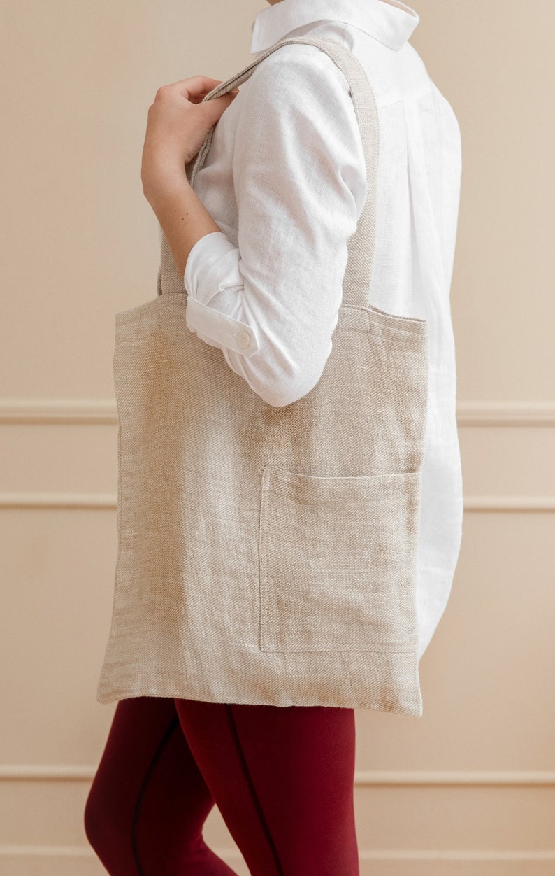 Stylish and Durable Linen Shopping Bag with Pockets Perfect for Market and Grocery Runs image 1