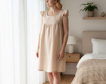 Ruffle Sleeve Linen Nightgown — Custom Size Organic Loungewear Dress | Handmade