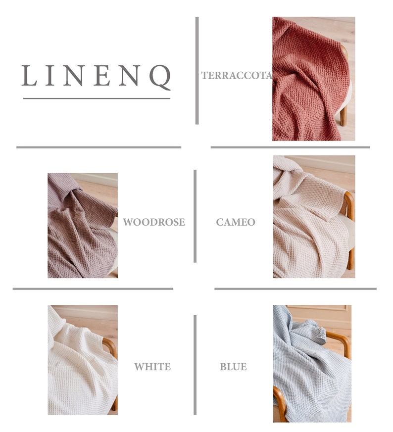 May include: A set of six waffle weave linen throw blankets in various colors, including terracotta, woodrose, cameo, white, and blue. The blankets are folded and displayed on a wooden chair.
