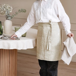 Linen Half Apron for Women apron with Pockets wrap around apron half apron Baking, Crafting apron, Cooking apron waist bistro apron Ivory