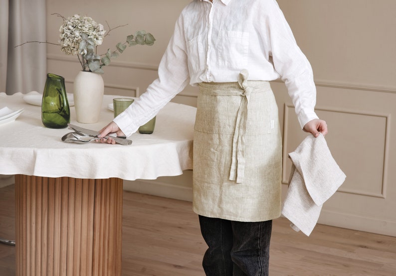 Linen Half Apron for Women apron with Pockets wrap around apron half apron Baking, Crafting apron, Cooking apron waist bistro apron Ivory