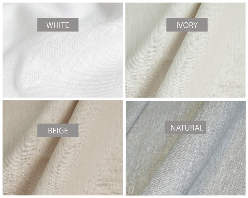 K&ouml;nnte beinhalten: Vier Stoffmuster in verschiedenen Wei&szlig;-, Beige- und Graut&ouml;nen. Die Muster sind mit "WHITE", "IVORY", "BEIGE" und "NATURAL" beschriftet.