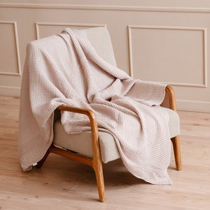 Luxurious and Breathable Linen Waffle Blanket Perfect for Cozying Up or Adding Style to Your Bedding Cameo