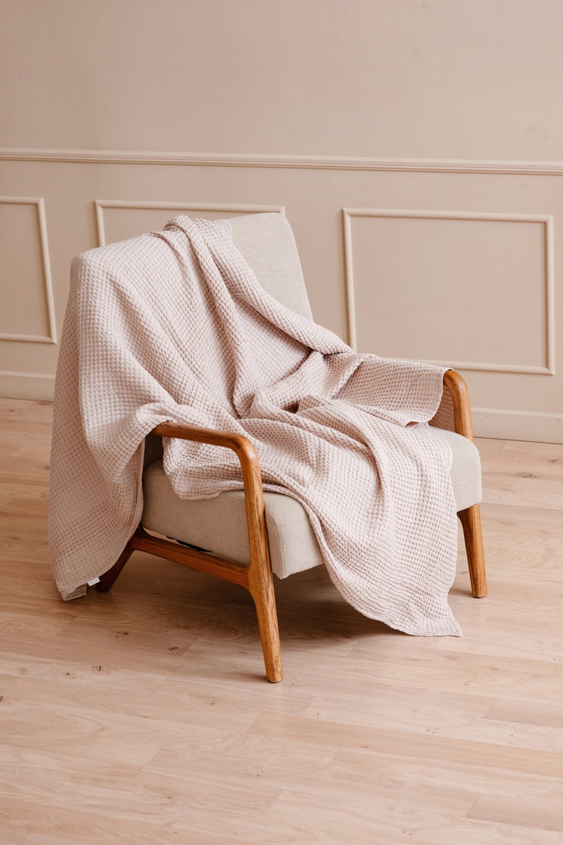 Luxurious and Breathable Linen Waffle Blanket Perfect for Cozying Up or Adding Style to Your Bedding Cameo