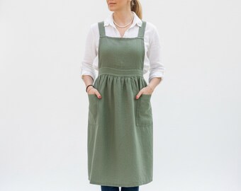Linen Pinafore Apron Dress with Pockets - Full Coverage Apron for Women