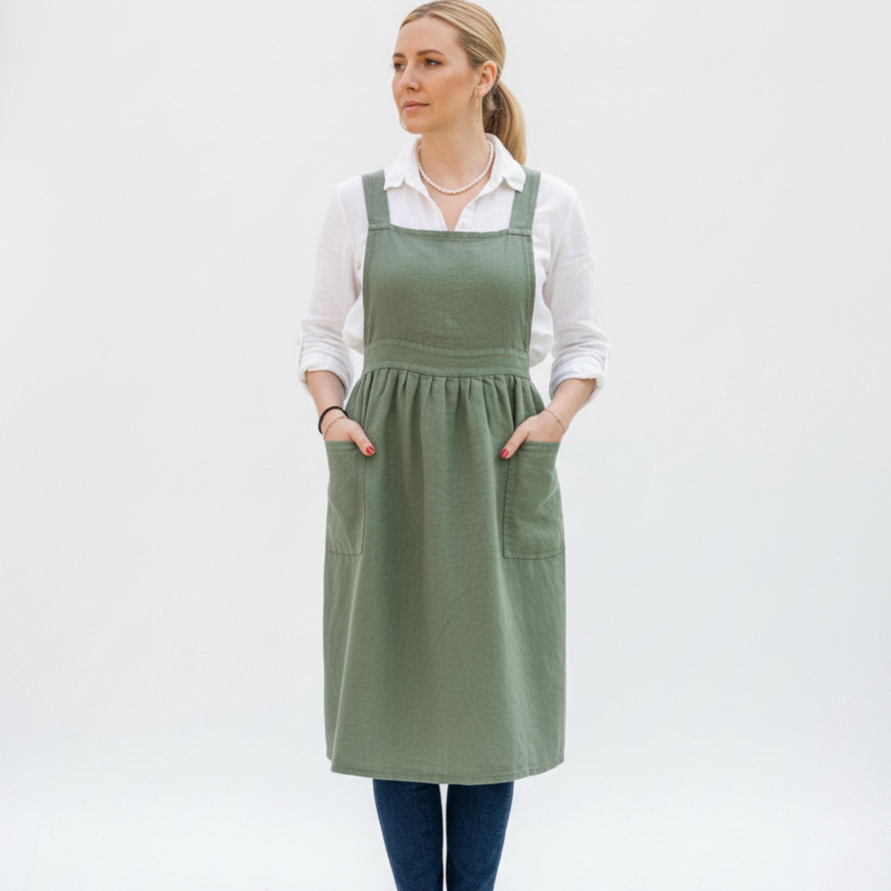 slim fit dress slacks Naya NAW24-135 51 Pinafore Dress Khaki Green – Rouge Boutique Inverness main image 1